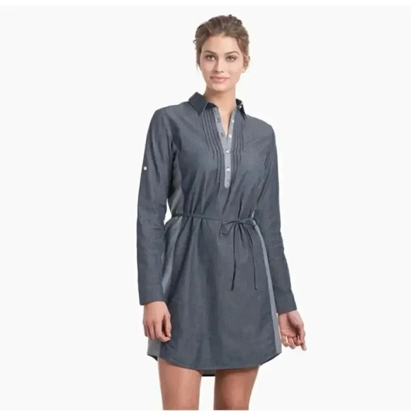 Kuhl Kiley Vintage Indigo Sail Blue Chambray Denim Tie Waist Dress SZ S #1848 - Picture 2 of 16